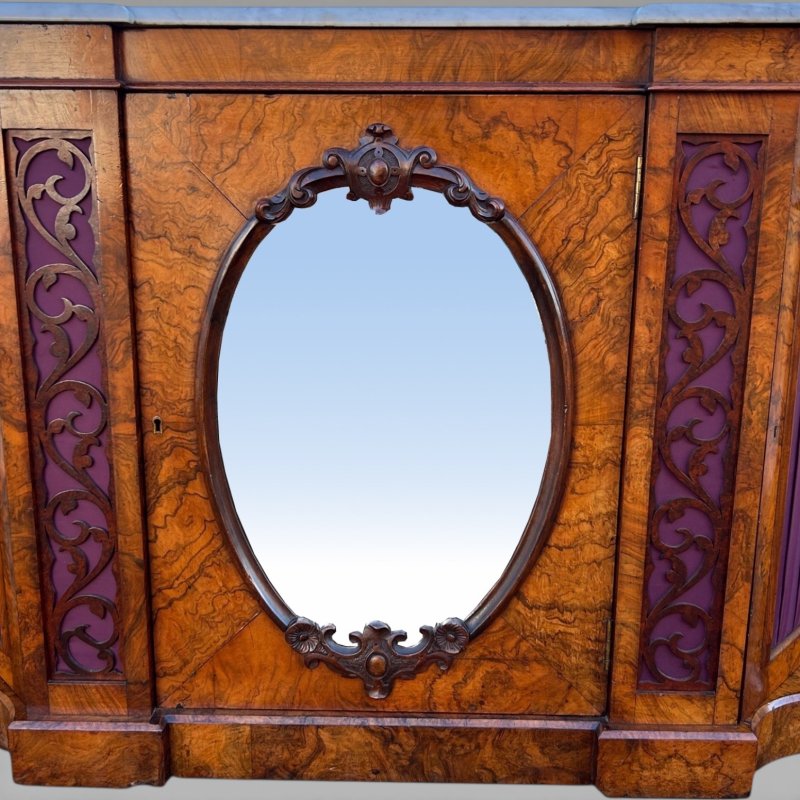 Antique Victorian Walnut & Marble Topped Carved Mirror Backed Sideboard Credenza - Image 5